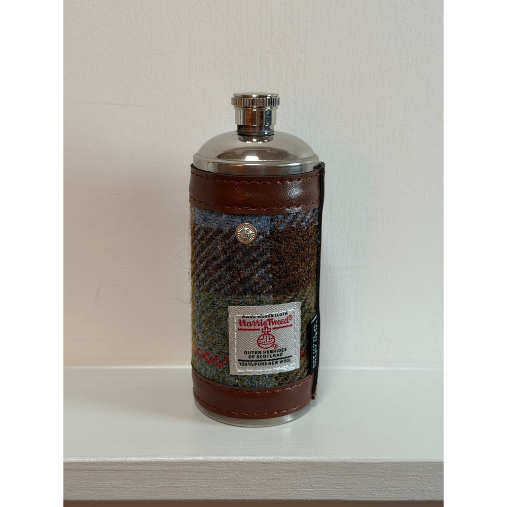 Glen Appin of Scotland Harris Tweed Stainless Steel 8oz Round Hip Flask Brown